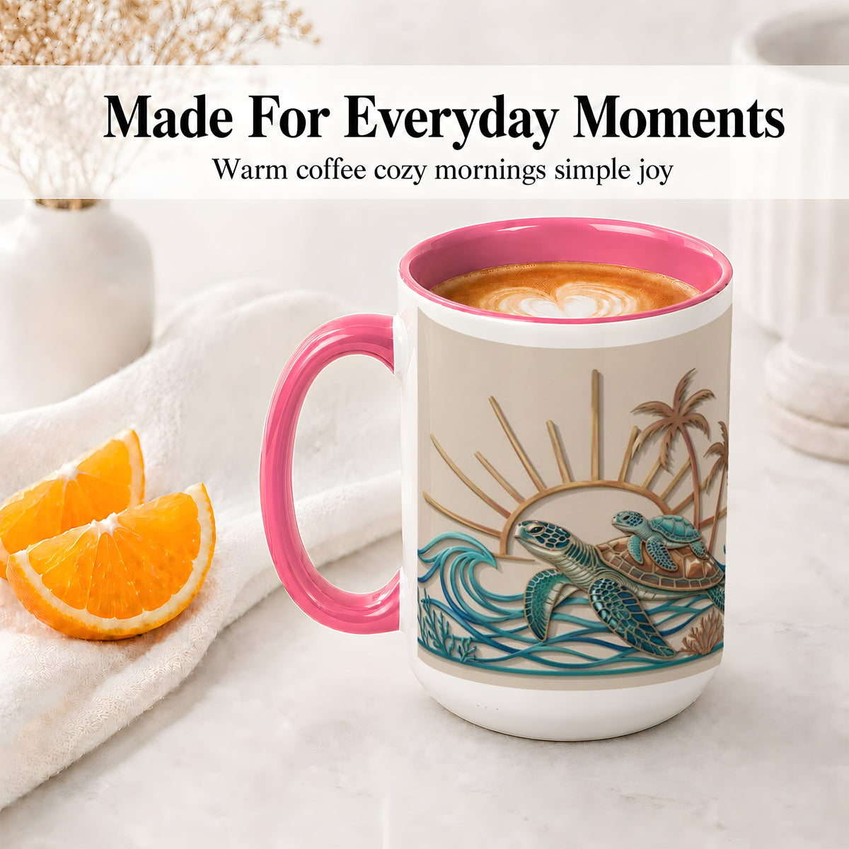 #pl[15oz|Pink] Sea Turtle Coastal Ceramic Mug, Mug with Tropical Ocean Artwork