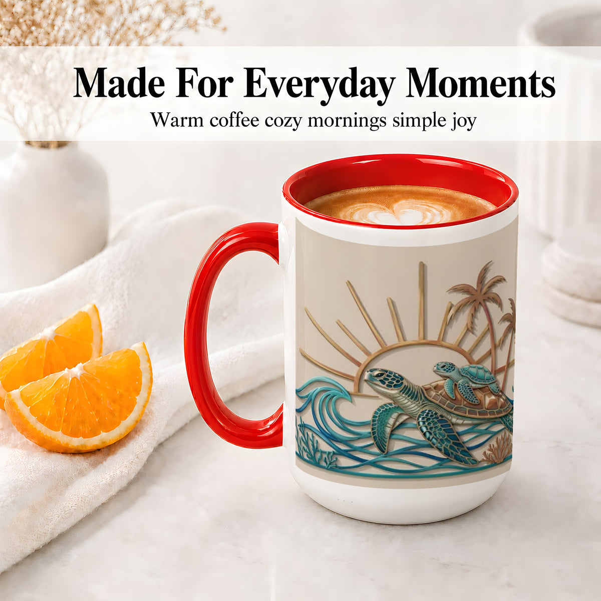 #pl[15oz|Red] Sea Turtle Coastal Ceramic Mug, Mug with Tropical Ocean Artwork