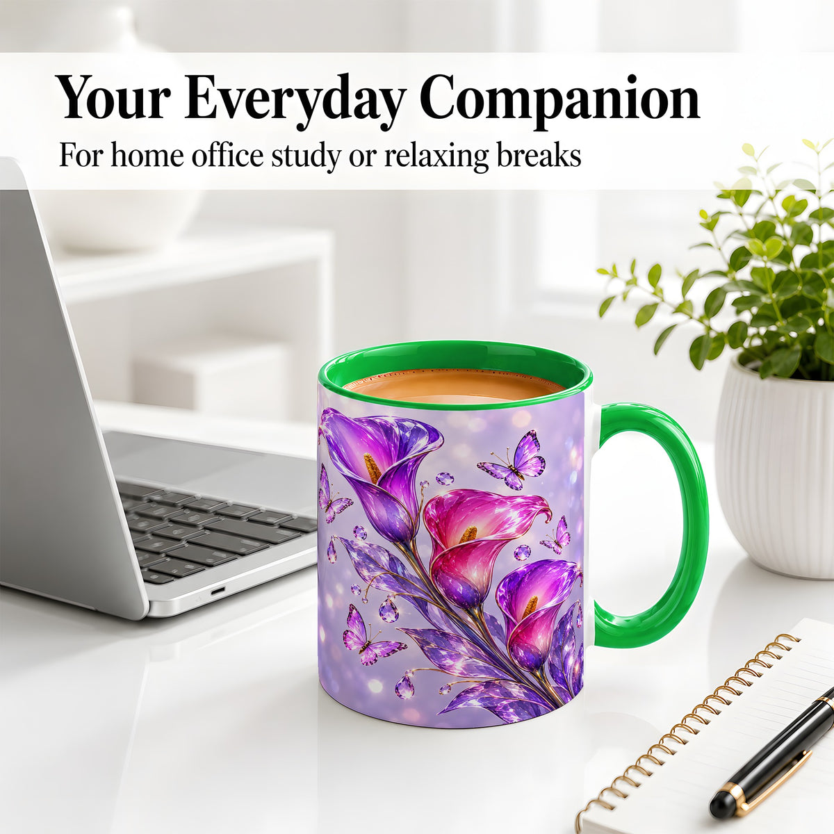 #pl[11oz|Green] Purple Calla Lily Accent Mug, Mug with Butterfly Floral Artwork