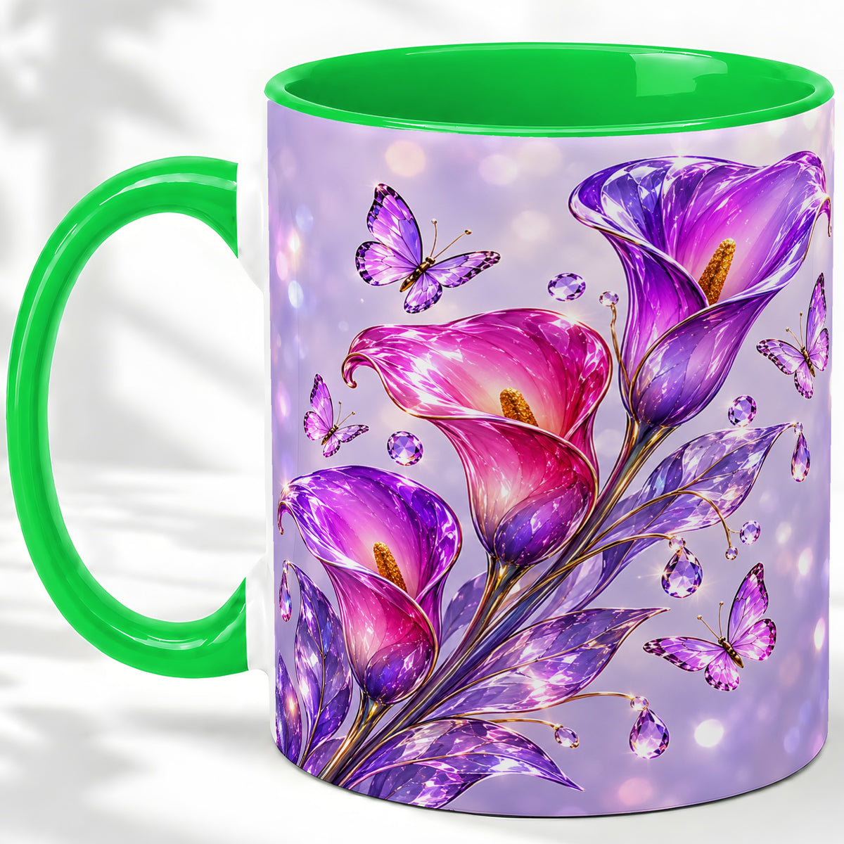 #pl[11oz|Green] Purple Calla Lily Accent Mug, Mug with Butterfly Floral Artwork