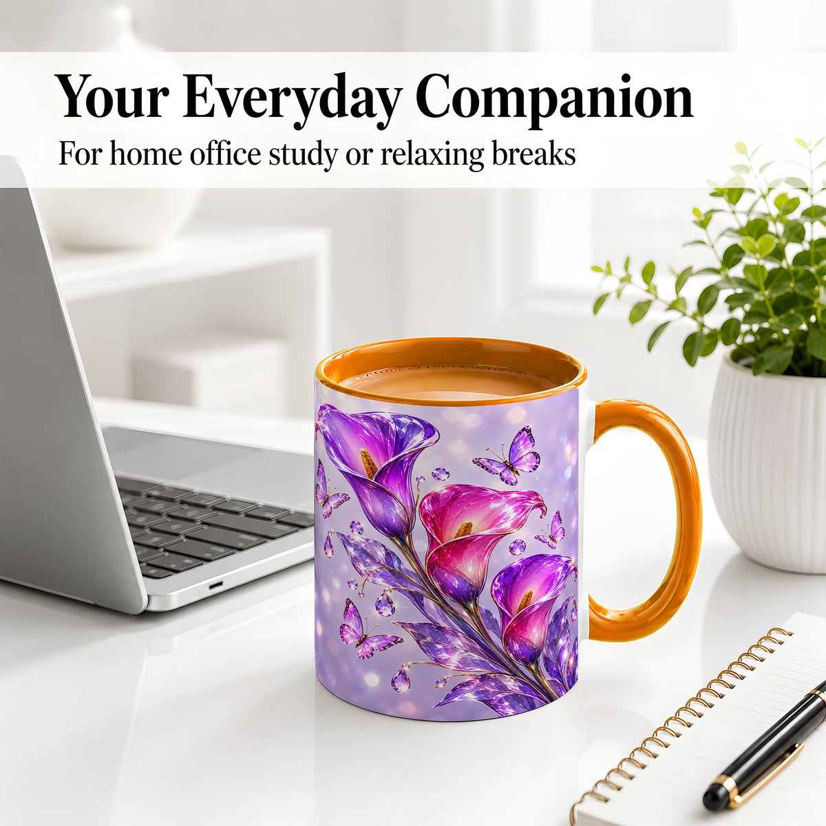 #pl[11oz|Orange] Purple Calla Lily Accent Mug, Mug with Butterfly Floral Artwork