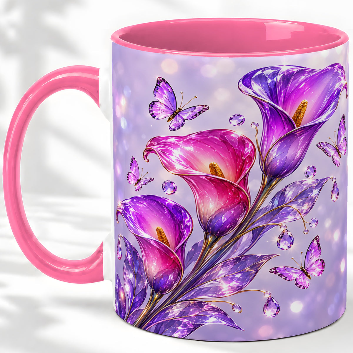 #pl[11oz|Pink] Purple Calla Lily Accent Mug, Mug with Butterfly Floral Artwork