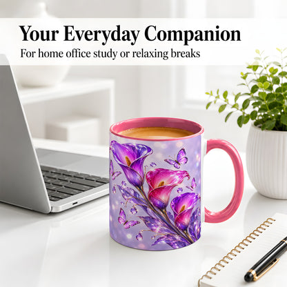 #pl[11oz|Pink] Purple Calla Lily Accent Mug, Mug with Butterfly Floral Artwork