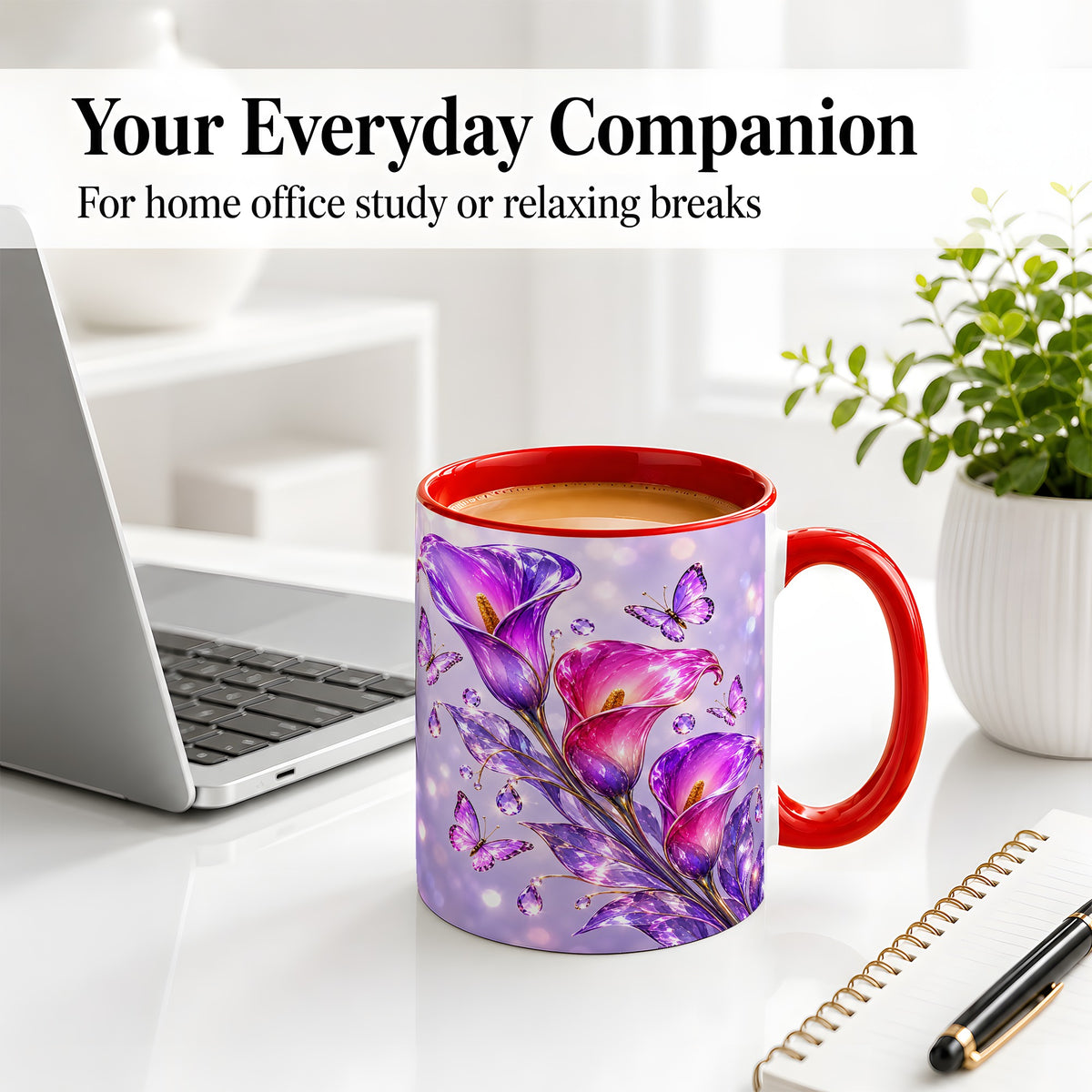 #pl[11oz|Red] Purple Calla Lily Accent Mug, Mug with Butterfly Floral Artwork