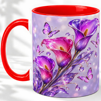 Purple Calla Lily Accent Mug, Mug with Butterfly Floral Artwork