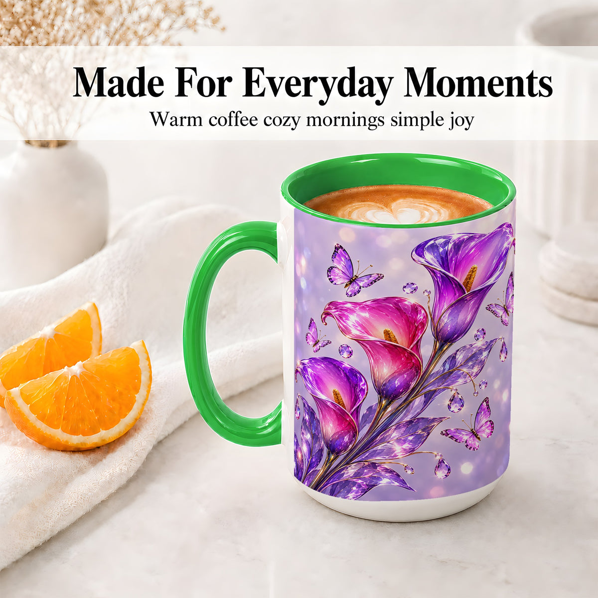 #pl[15oz|Green] Purple Calla Lily Accent Mug, Mug with Butterfly Floral Artwork