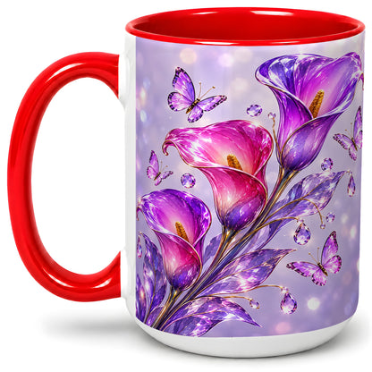 #pl[15oz|Red] Purple Calla Lily Accent Mug, Mug with Butterfly Floral Artwork