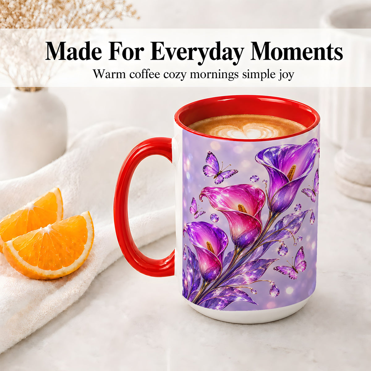 #pl[15oz|Red] Purple Calla Lily Accent Mug, Mug with Butterfly Floral Artwork