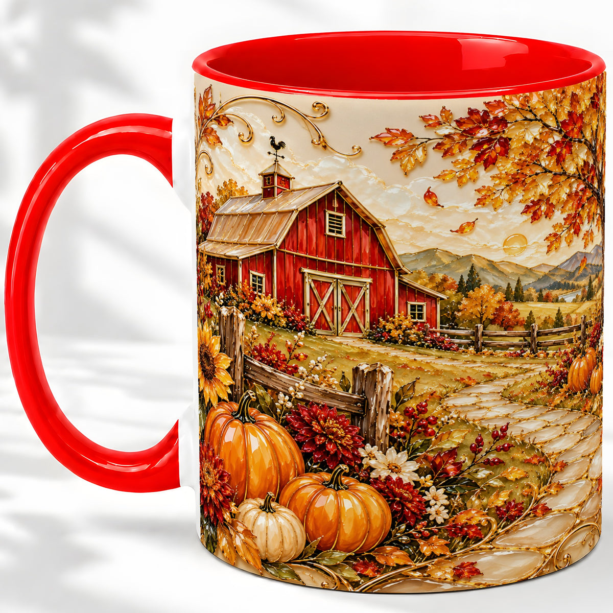 Autumn Barn Farmhouse Accent Mug, Mug with Pumpkin Floral Artwork