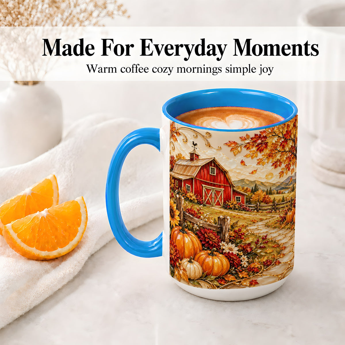 #pl[15oz|Blue] Autumn Barn Farmhouse Accent Mug, Mug with Pumpkin Floral Artwork
