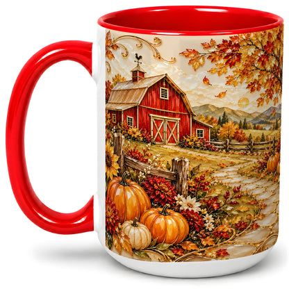 #pl[15oz|Red] Autumn Barn Farmhouse Accent Mug, Mug with Pumpkin Floral Artwork