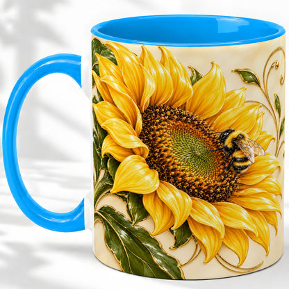 #pl[11oz|Blue] Sunflower and Bee Accent Mug, Mug with Botanical Floral Artwork