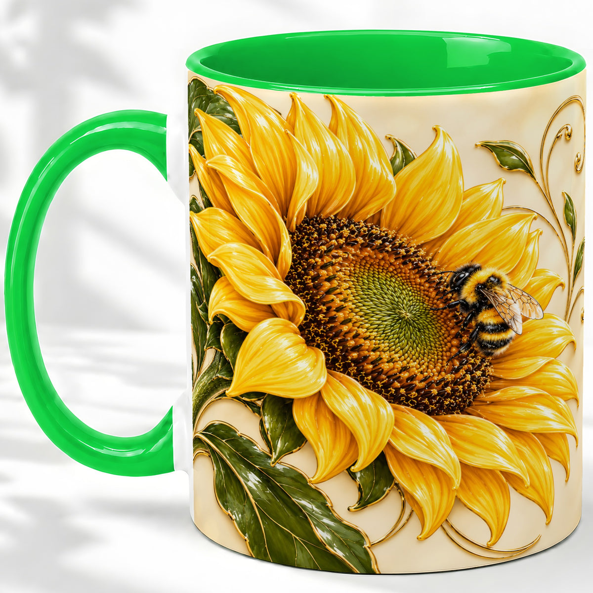 #pl[11oz|Green] Sunflower and Bee Accent Mug, Mug with Botanical Floral Artwork