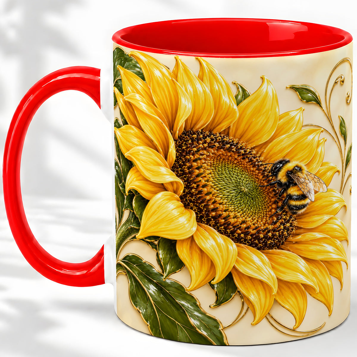 Sunflower and Bee Accent Mug, Mug with Botanical Floral Artwork
