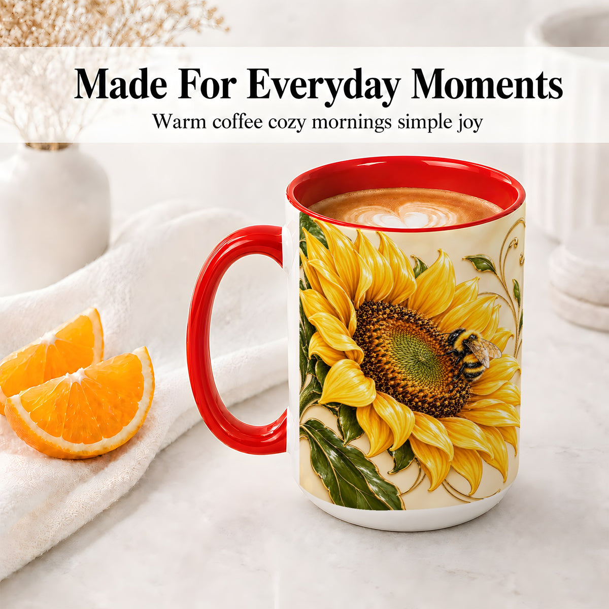 #pl[15oz|Red] Sunflower and Bee Accent Mug, Mug with Botanical Floral Artwork