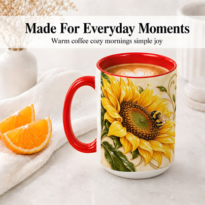 #pl[15oz|Red] Sunflower and Bee Accent Mug, Mug with Botanical Floral Artwork