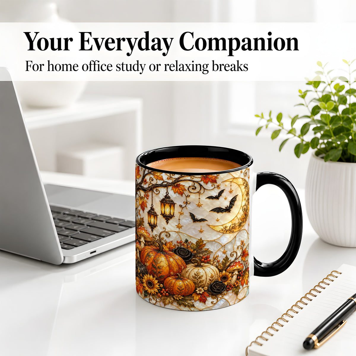 #pl[11oz|Black] Halloween Moon Accent Mug, Mug with Bat Pumpkin Autumn Artwork