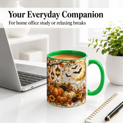 #pl[11oz|Green] Halloween Moon Accent Mug, Mug with Bat Pumpkin Autumn Artwork