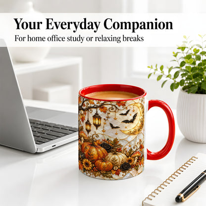 #pl[11oz|Red] Halloween Moon Accent Mug, Mug with Bat Pumpkin Autumn Artwork