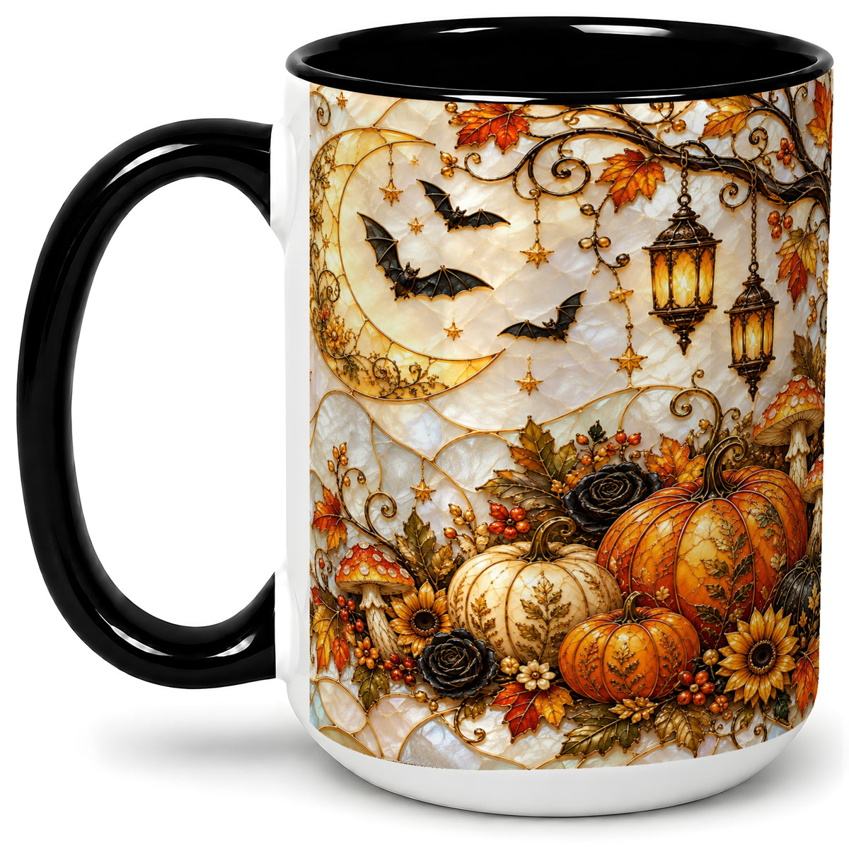 #pl[15oz|Black] Halloween Moon Accent Mug, Mug with Bat Pumpkin Autumn Artwork