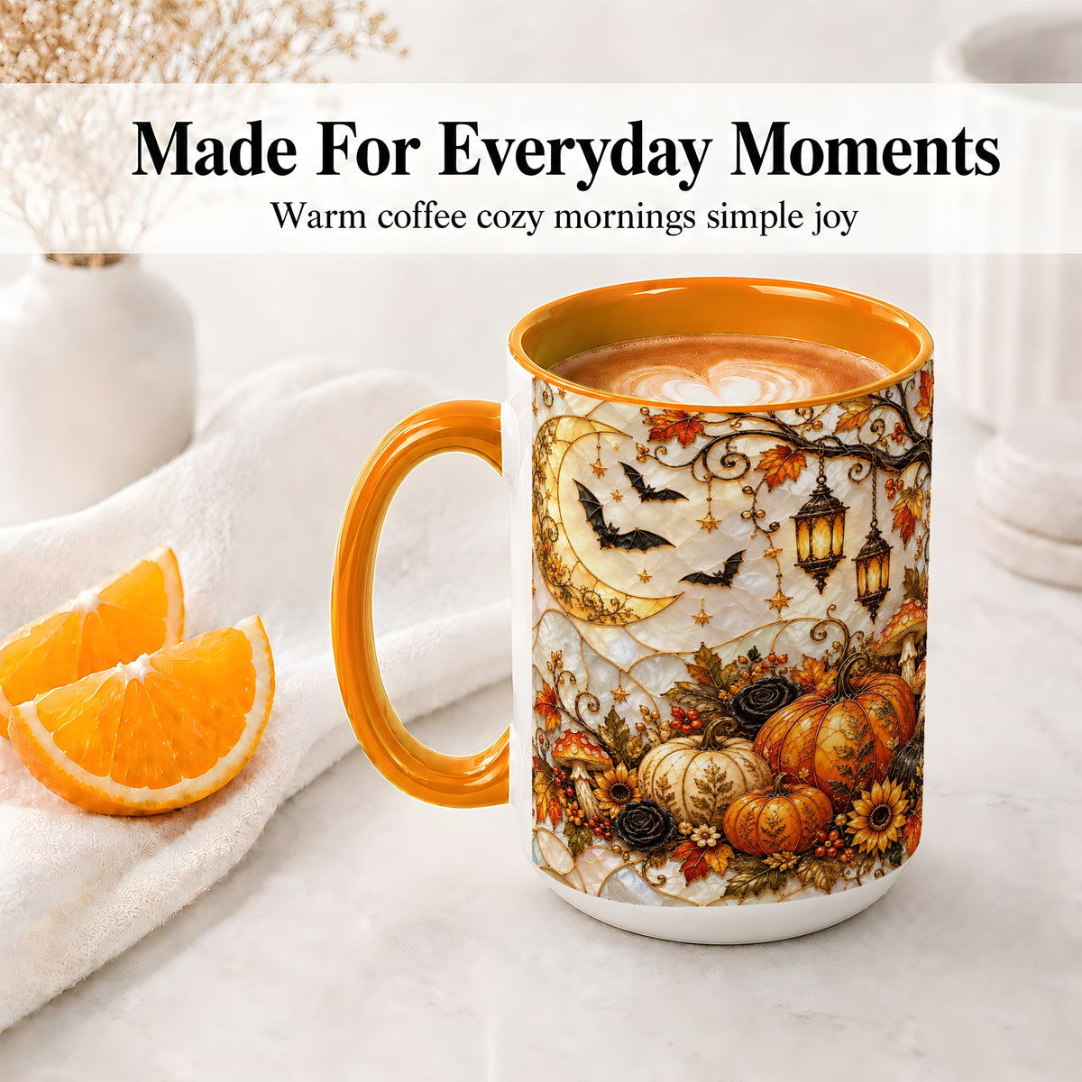 #pl[15oz|Orange] Halloween Moon Accent Mug, Mug with Bat Pumpkin Autumn Artwork