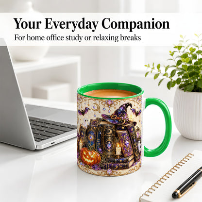 #pl[11oz|Green] Witchy Halloween Books Accent Mug, Mug with Pumpkin Ghost Artwork