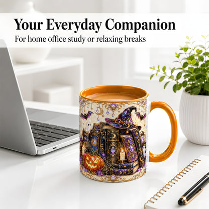 #pl[11oz|Orange] Witchy Halloween Books Accent Mug, Mug with Pumpkin Ghost Artwork