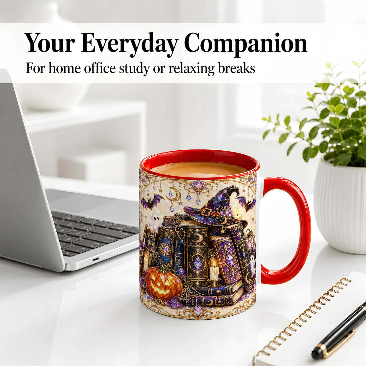 #pl[11oz|Red] Witchy Halloween Books Accent Mug, Mug with Pumpkin Ghost Artwork