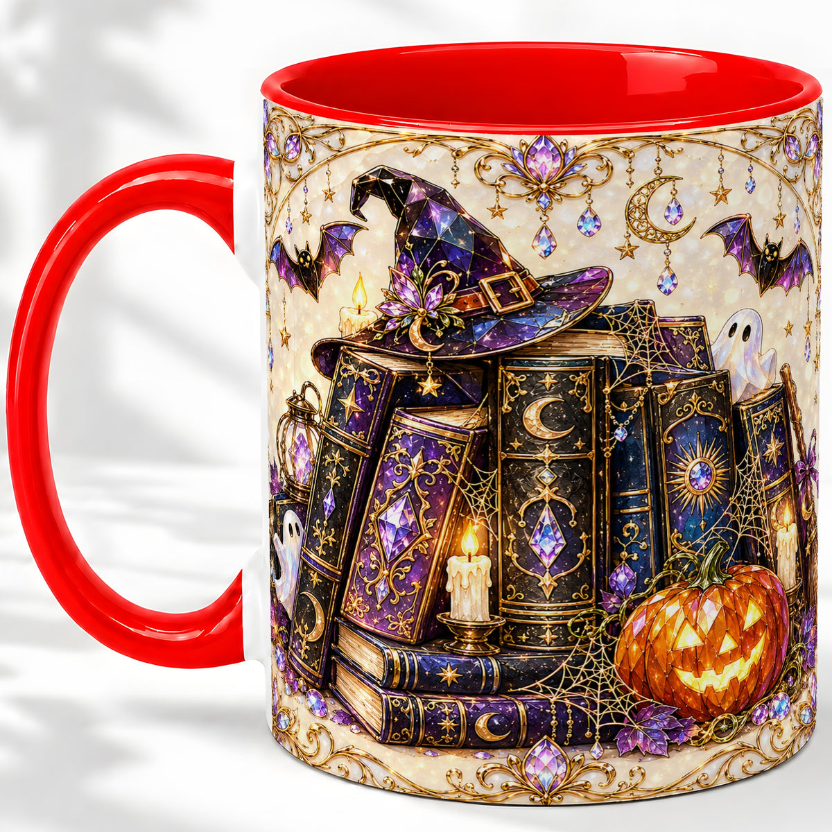 Witchy Halloween Books Accent Mug, Mug with Pumpkin Ghost Artwork