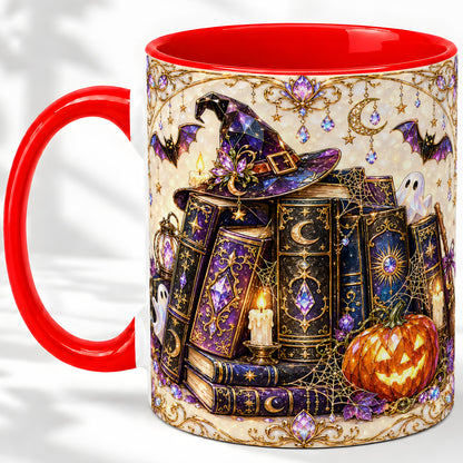 Witchy Halloween Books Accent Mug, Mug with Pumpkin Ghost Artwork
