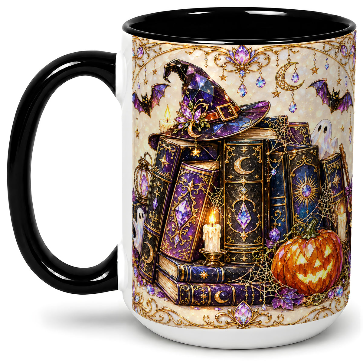 #pl[15oz|Black] Witchy Halloween Books Accent Mug, Mug with Pumpkin Ghost Artwork