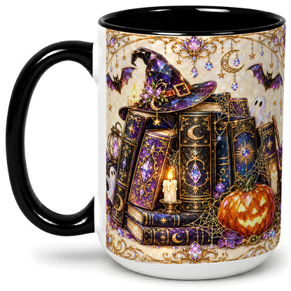 #pl[15oz|Black] Witchy Halloween Books Accent Mug, Mug with Pumpkin Ghost Artwork