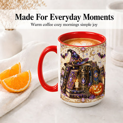 #pl[15oz|Red] Witchy Halloween Books Accent Mug, Mug with Pumpkin Ghost Artwork