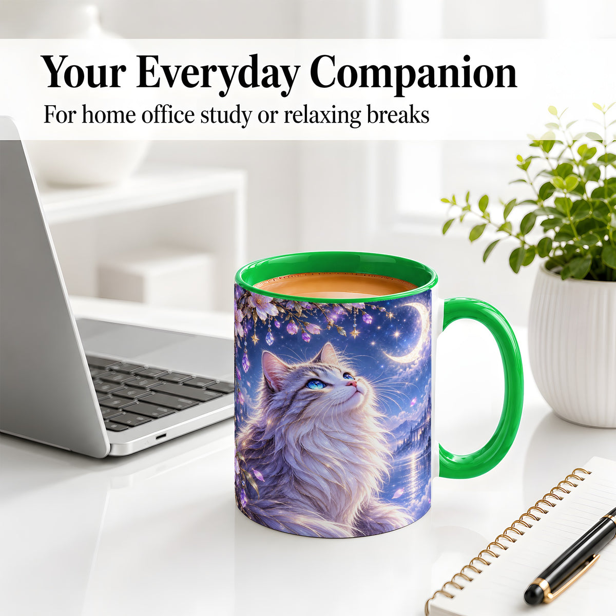 #pl[11oz|Green] Fantasy Moon Cat Accent Mug, Mug with Celestial Floral Artwork