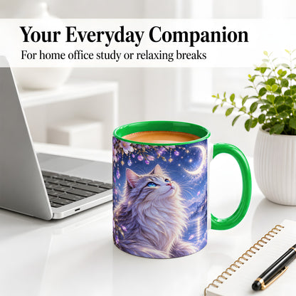 #pl[11oz|Green] Fantasy Moon Cat Accent Mug, Mug with Celestial Floral Artwork