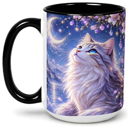#pl[15oz|Black] Fantasy Moon Cat Accent Mug, Mug with Celestial Floral Artwork