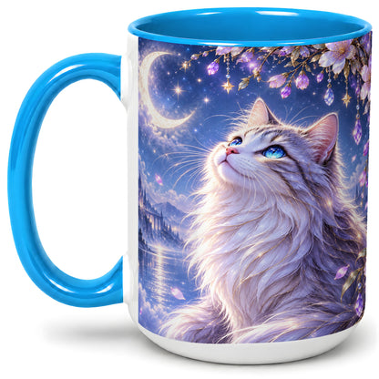#pl[15oz|Blue] Fantasy Moon Cat Accent Mug, Mug with Celestial Floral Artwork