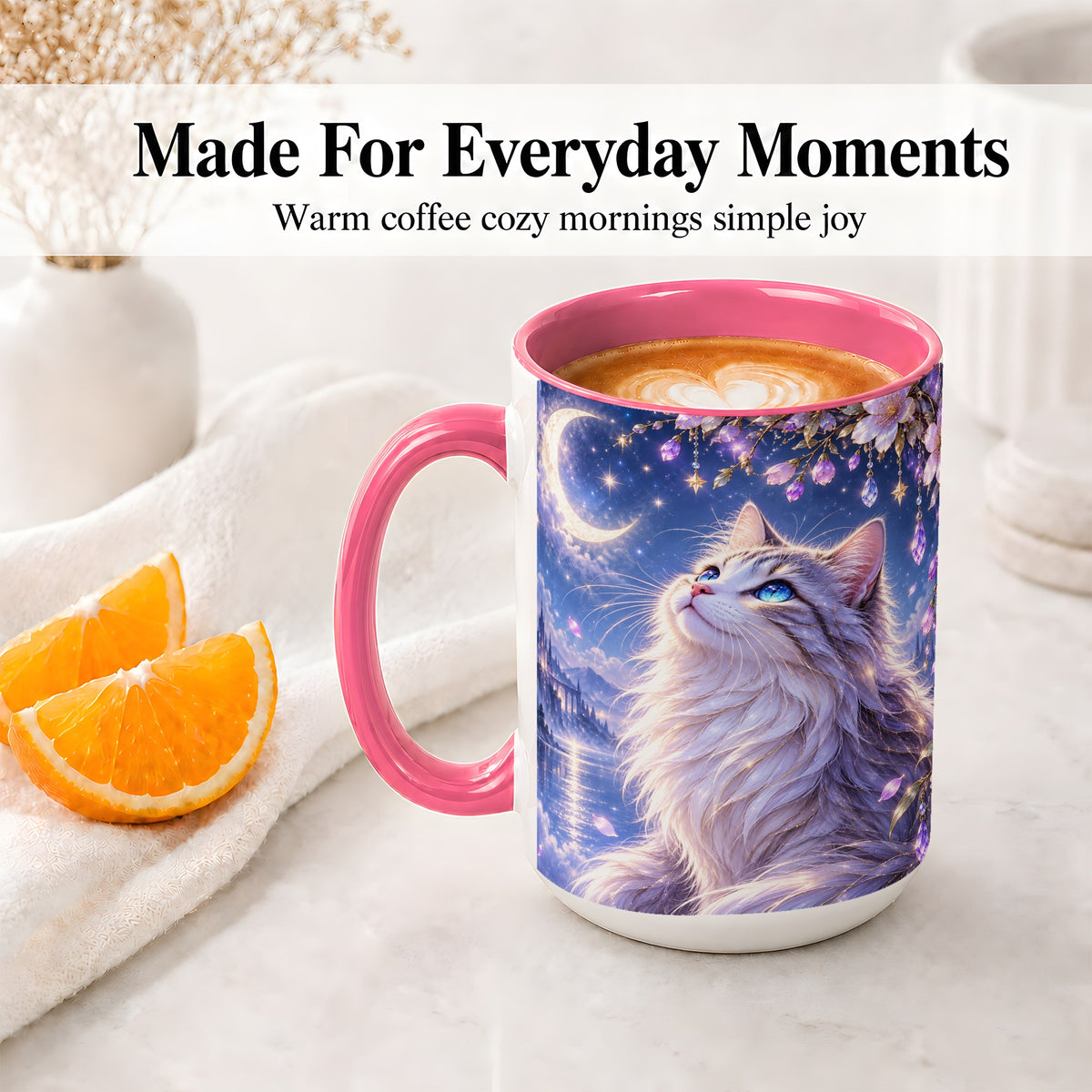 #pl[15oz|Pink] Fantasy Moon Cat Accent Mug, Mug with Celestial Floral Artwork