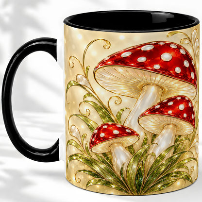 #pl[11oz|Black] Red Mushroom Botanical Accent Mug, Mug with Woodland Artwork