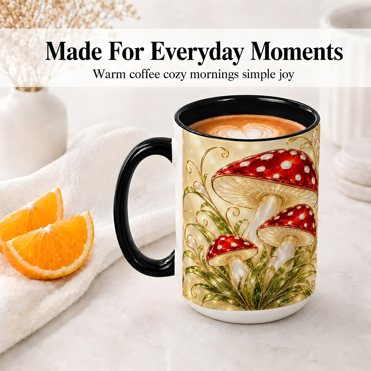 #pl[15oz|Black] Red Mushroom Botanical Accent Mug, Mug with Woodland Artwork