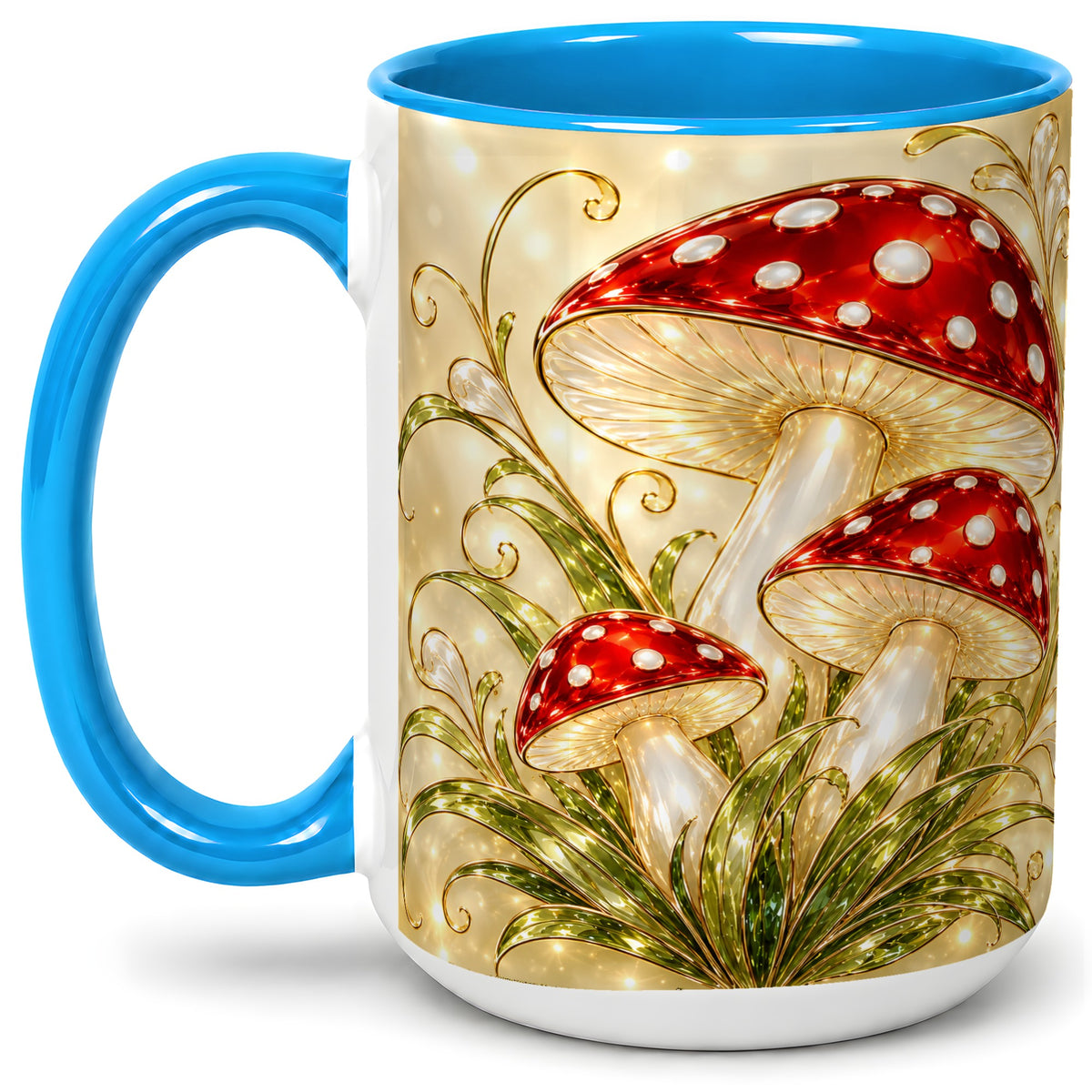 #pl[15oz|Blue] Red Mushroom Botanical Accent Mug, Mug with Woodland Artwork