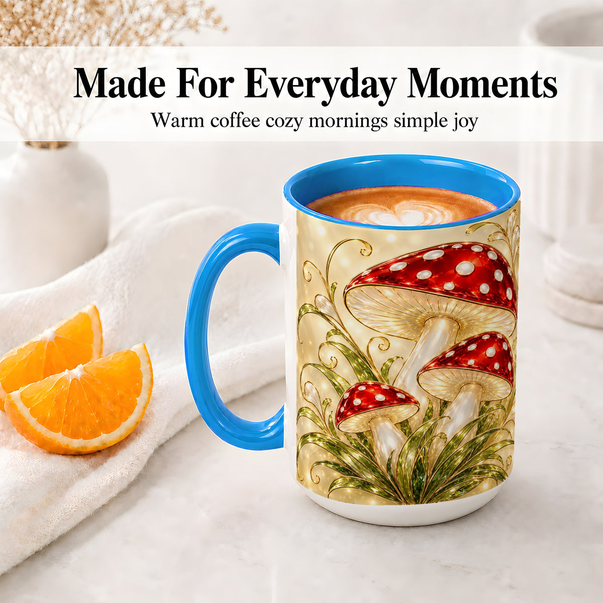#pl[15oz|Blue] Red Mushroom Botanical Accent Mug, Mug with Woodland Artwork