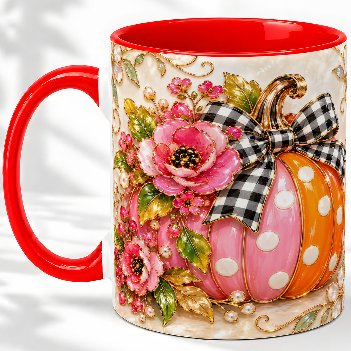 Pink Pumpkin Floral Accent Mug, Mug with Gingham Bow Artwork
