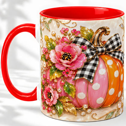 Pink Pumpkin Floral Accent Mug, Mug with Gingham Bow Artwork