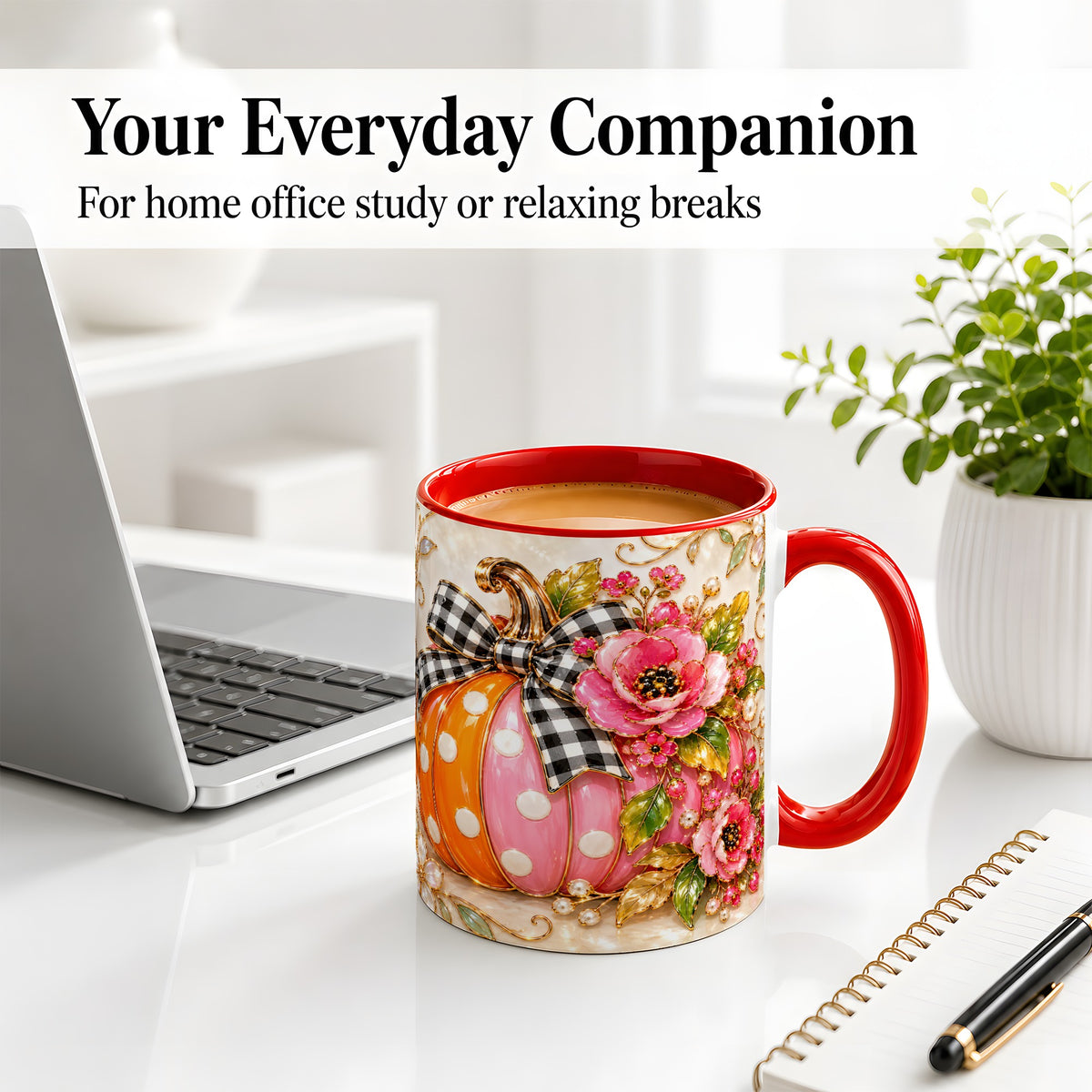 #pl[11oz|Red] Pink Pumpkin Floral Accent Mug, Mug with Gingham Bow Artwork