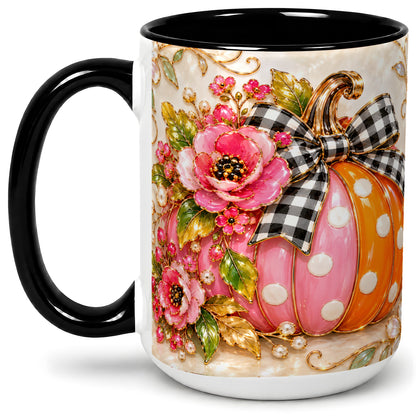 #pl[15oz|Black] Pink Pumpkin Floral Accent Mug, Mug with Gingham Bow Artwork
