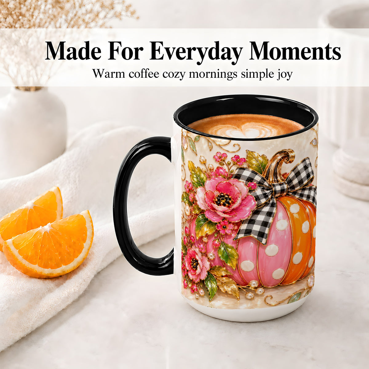 #pl[15oz|Black] Pink Pumpkin Floral Accent Mug, Mug with Gingham Bow Artwork