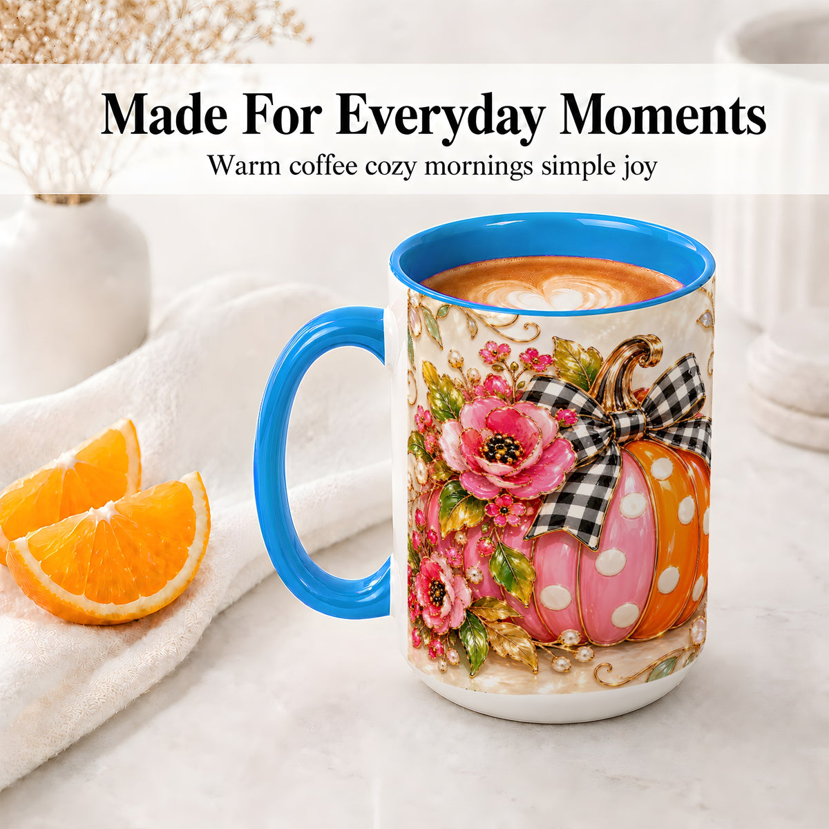 #pl[15oz|Blue] Pink Pumpkin Floral Accent Mug, Mug with Gingham Bow Artwork