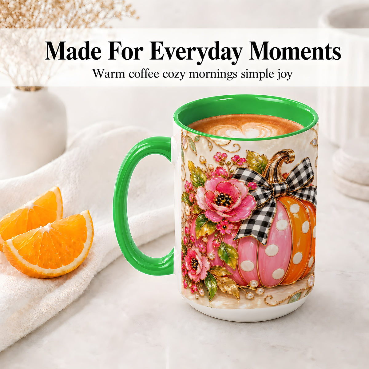 #pl[15oz|Green] Pink Pumpkin Floral Accent Mug, Mug with Gingham Bow Artwork