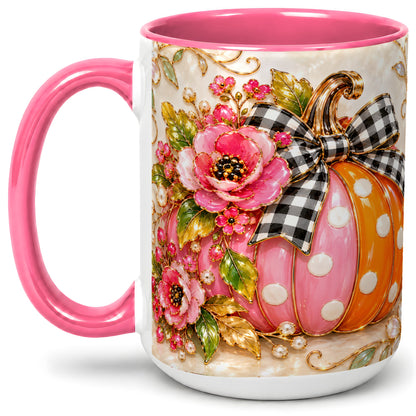 #pl[15oz|Pink] Pink Pumpkin Floral Accent Mug, Mug with Gingham Bow Artwork
